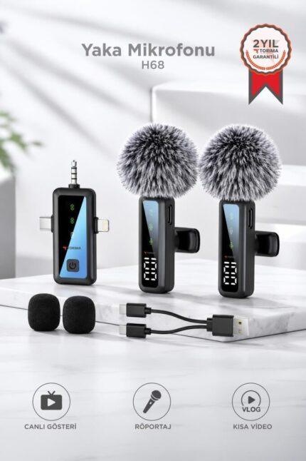 Yaka Mikrofonu Type-C Lightning Aux 2 Adet 3IN1 Kablosuz Mikrofon H68 Siyah